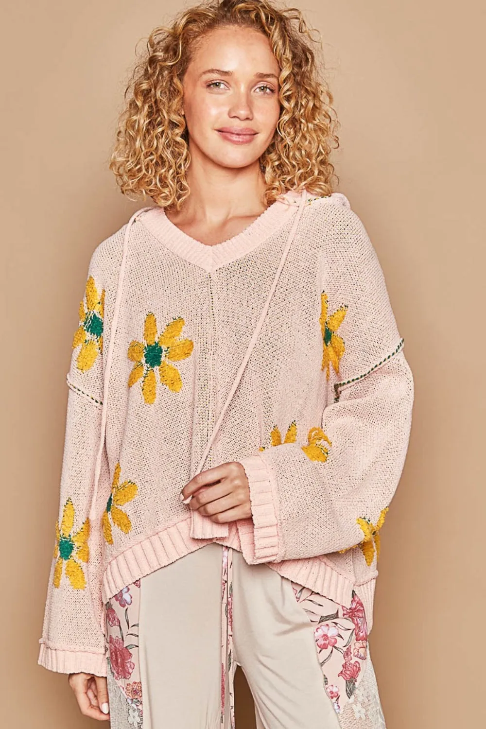 Hot Girl Floral Hooded High-Low Sweater In Pink