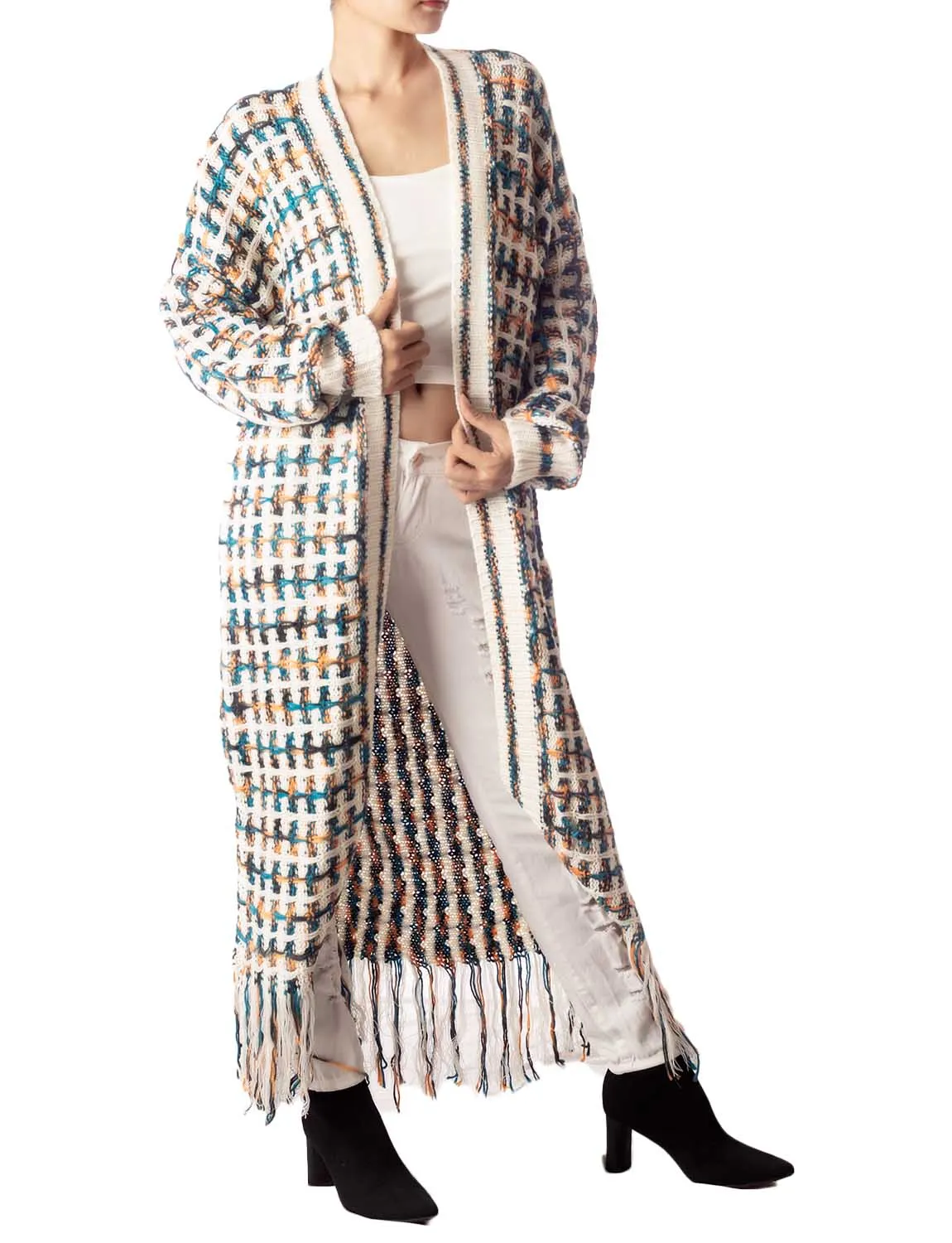 iB-iP Women's Sweater Loose Oversized Casual Tassels Maxi Long Sleeve Cardigan