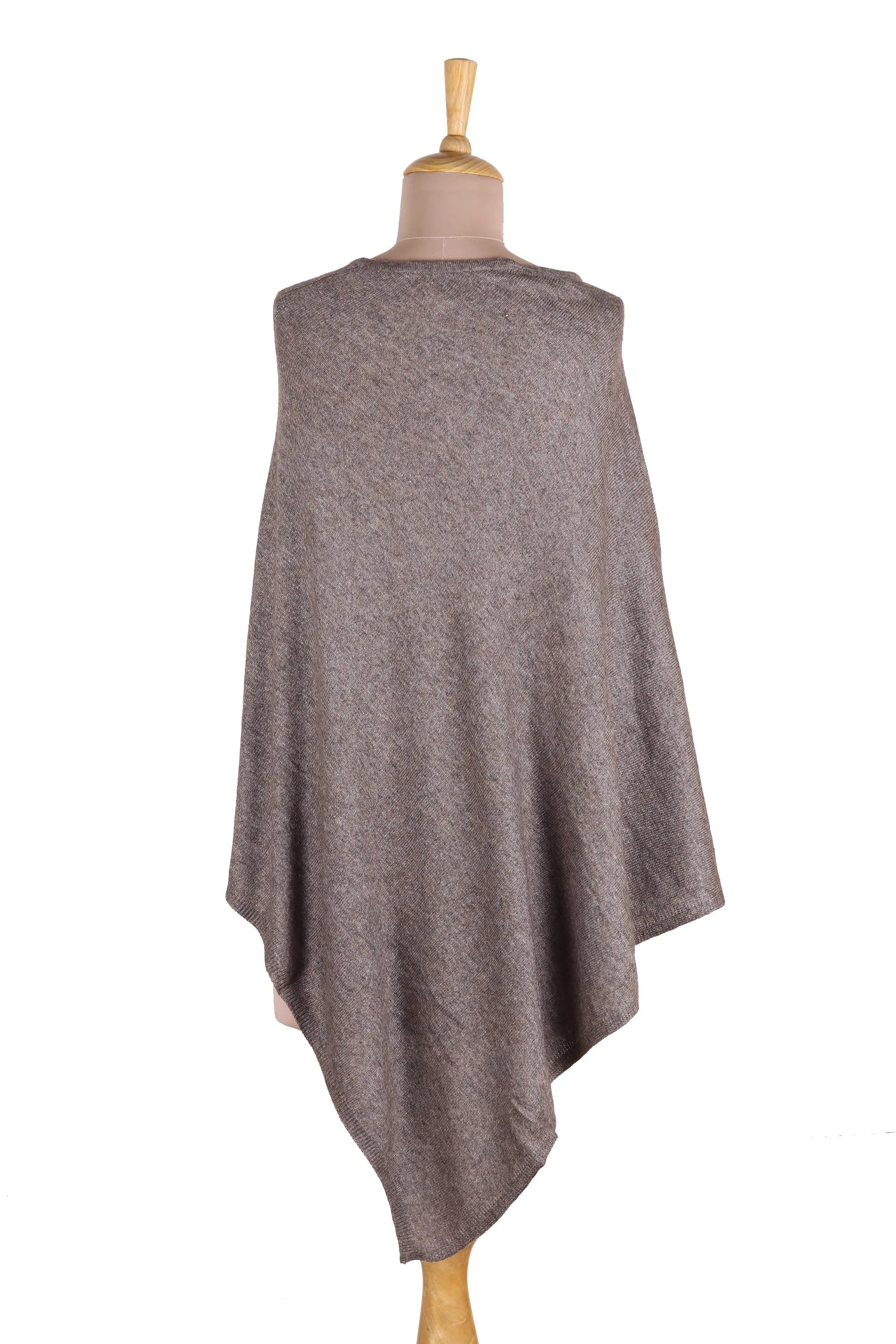 Indian Cashmere Wool Knitted Dark Taupe Poncho - Dark Taupe Warmth | NOVICA