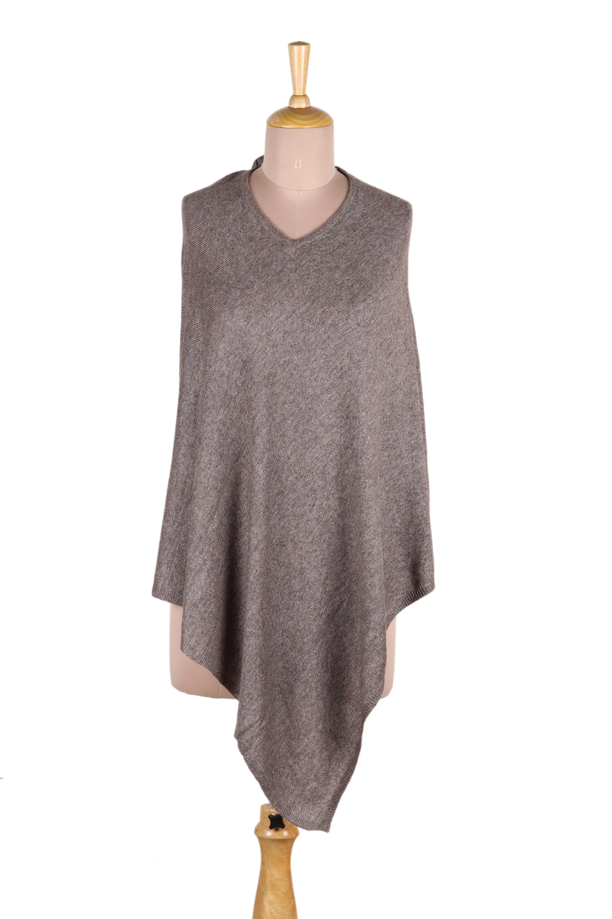 Indian Cashmere Wool Knitted Dark Taupe Poncho - Dark Taupe Warmth | NOVICA