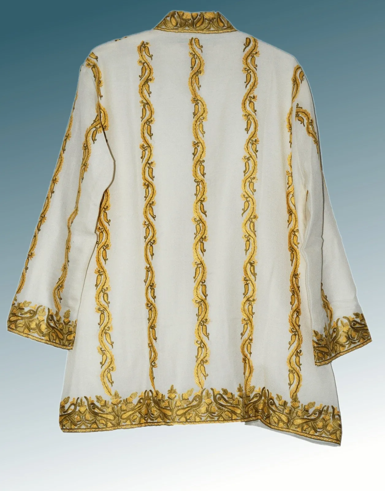 Kashmiri Woolen Jacket Off-White, Yellow and Olive Embroidery #AO-0061