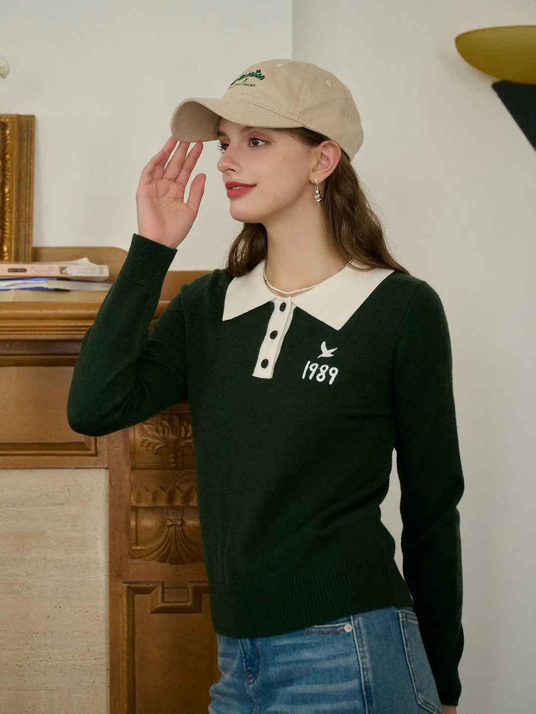 Katie Classic Contrast Lapel Bird Embroidered Sweater