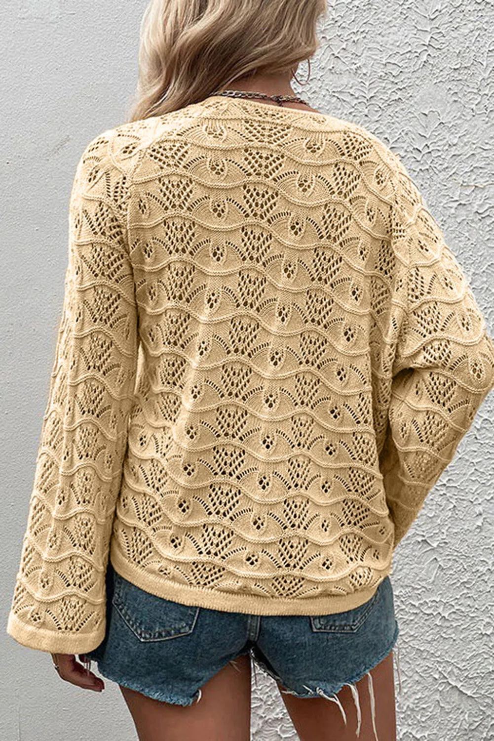 Khaki Cinched Drawstring Pullover Long Sleeve Crochet Sweater