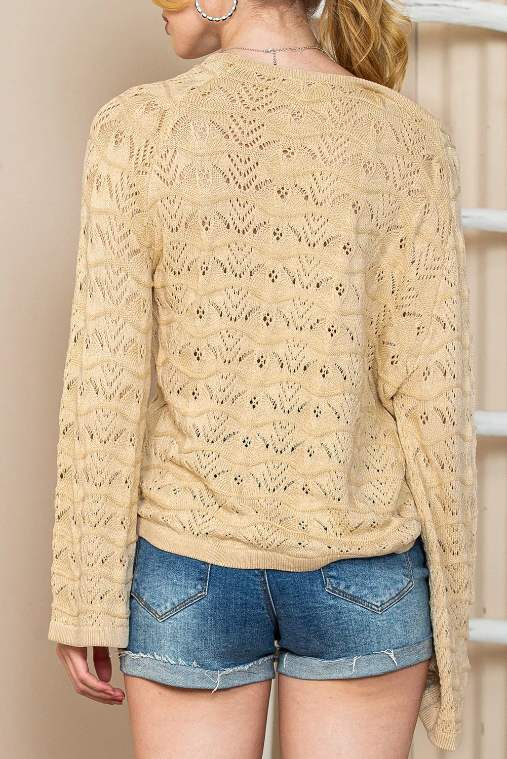 Khaki Cinched Drawstring Pullover Long Sleeve Crochet Sweater