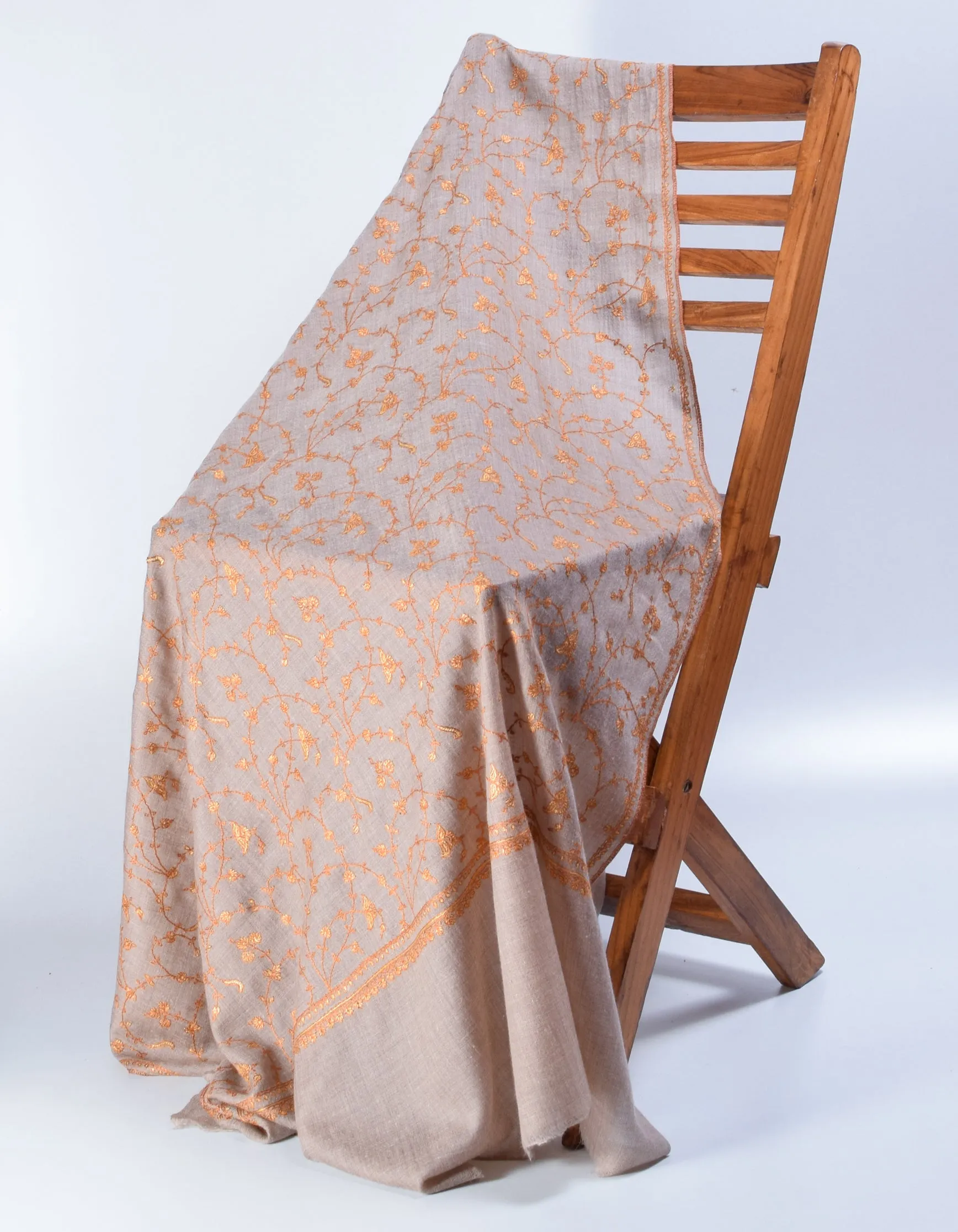 Khaki Grey Handwoven Sozni Jaali Embroidered Cashmere Pashmina Shawl