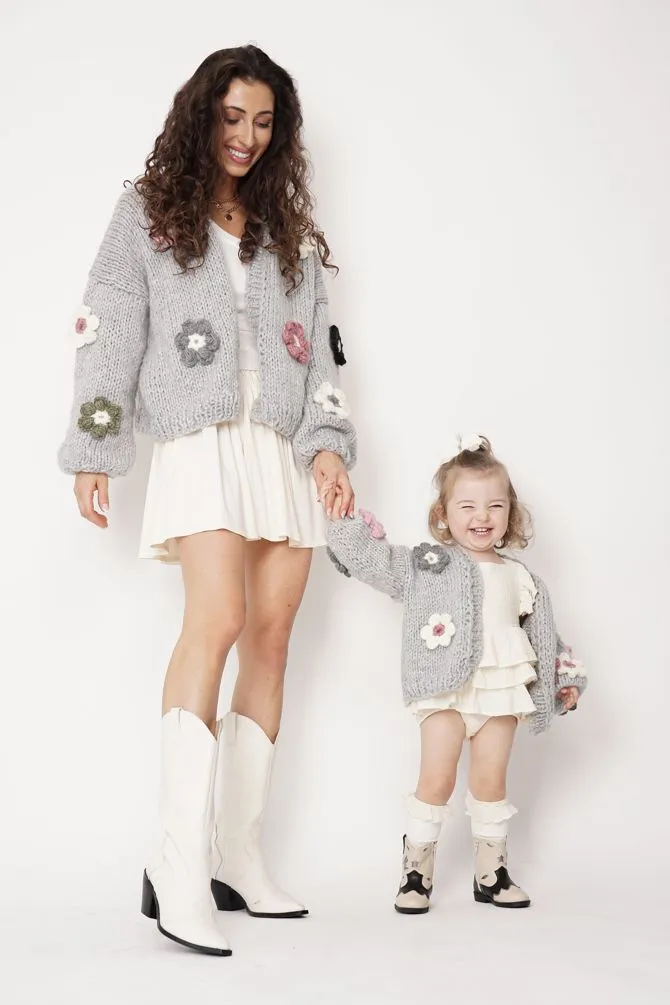 Kids' Petit Handmade Flower Sweater Grey