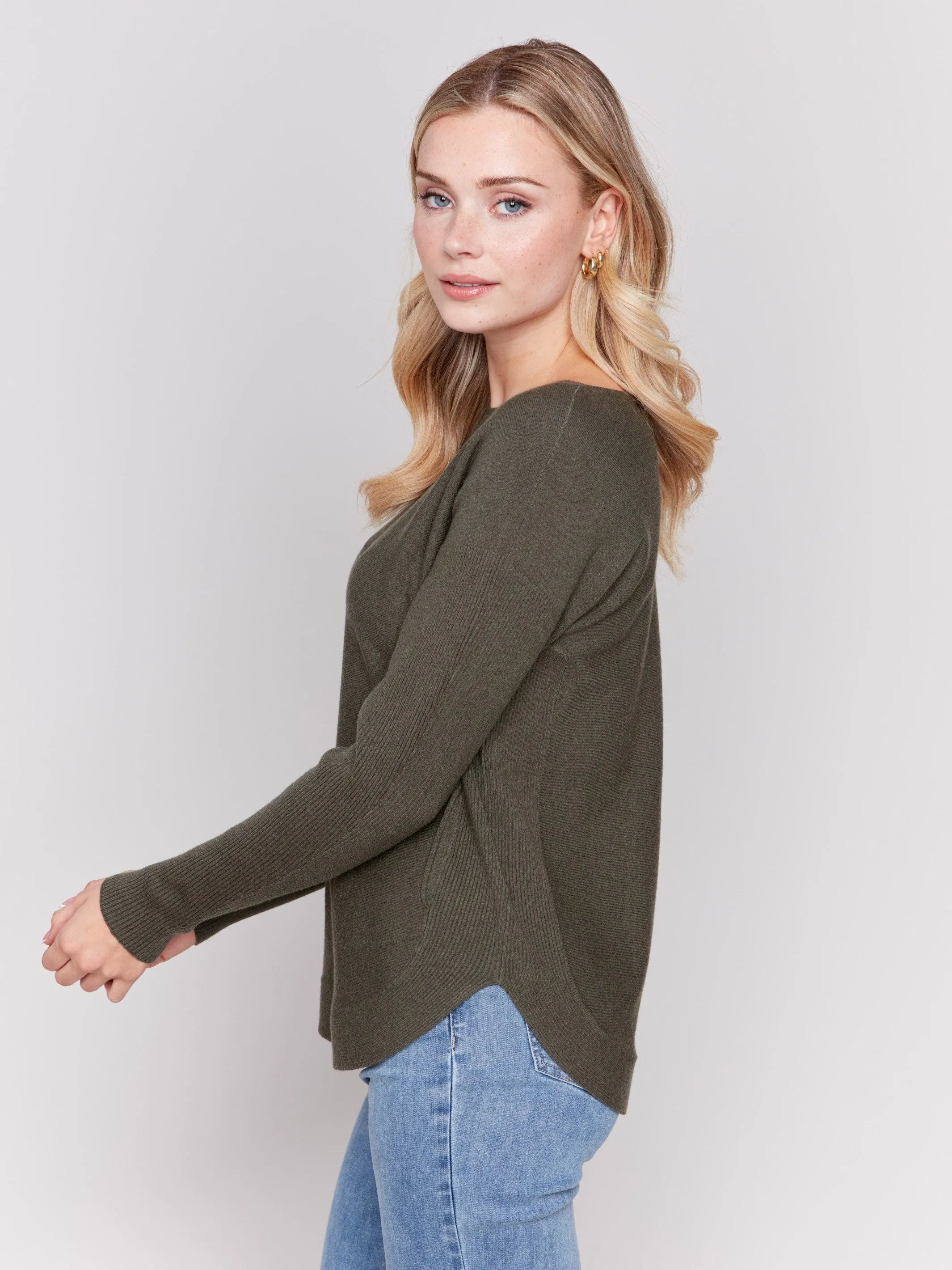 Knit Sweater with Back Detail Lace-Up - Spruce