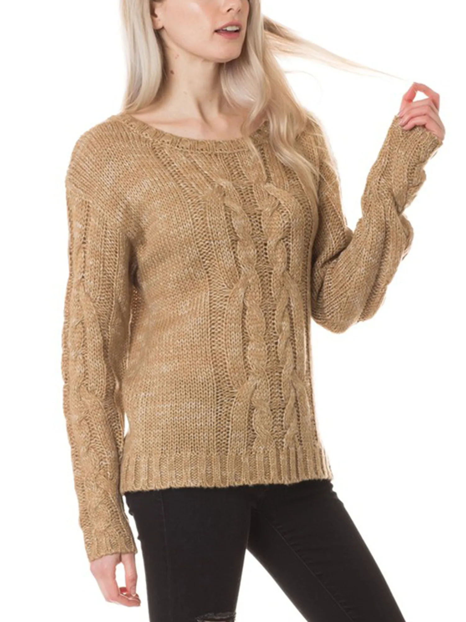 KOGMO Womens Basic Round Neck Cable Knit Sweater