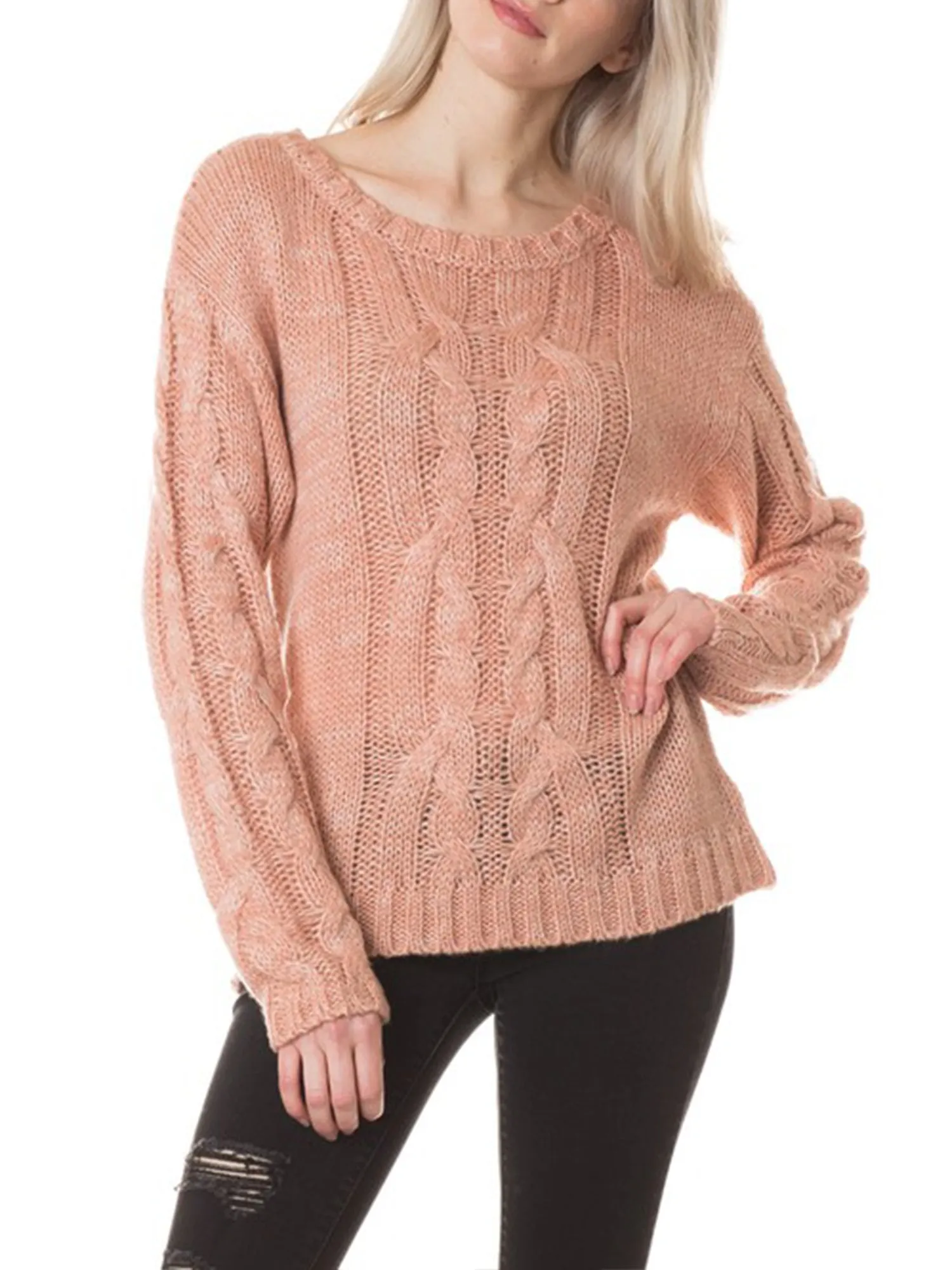 KOGMO Womens Basic Round Neck Cable Knit Sweater