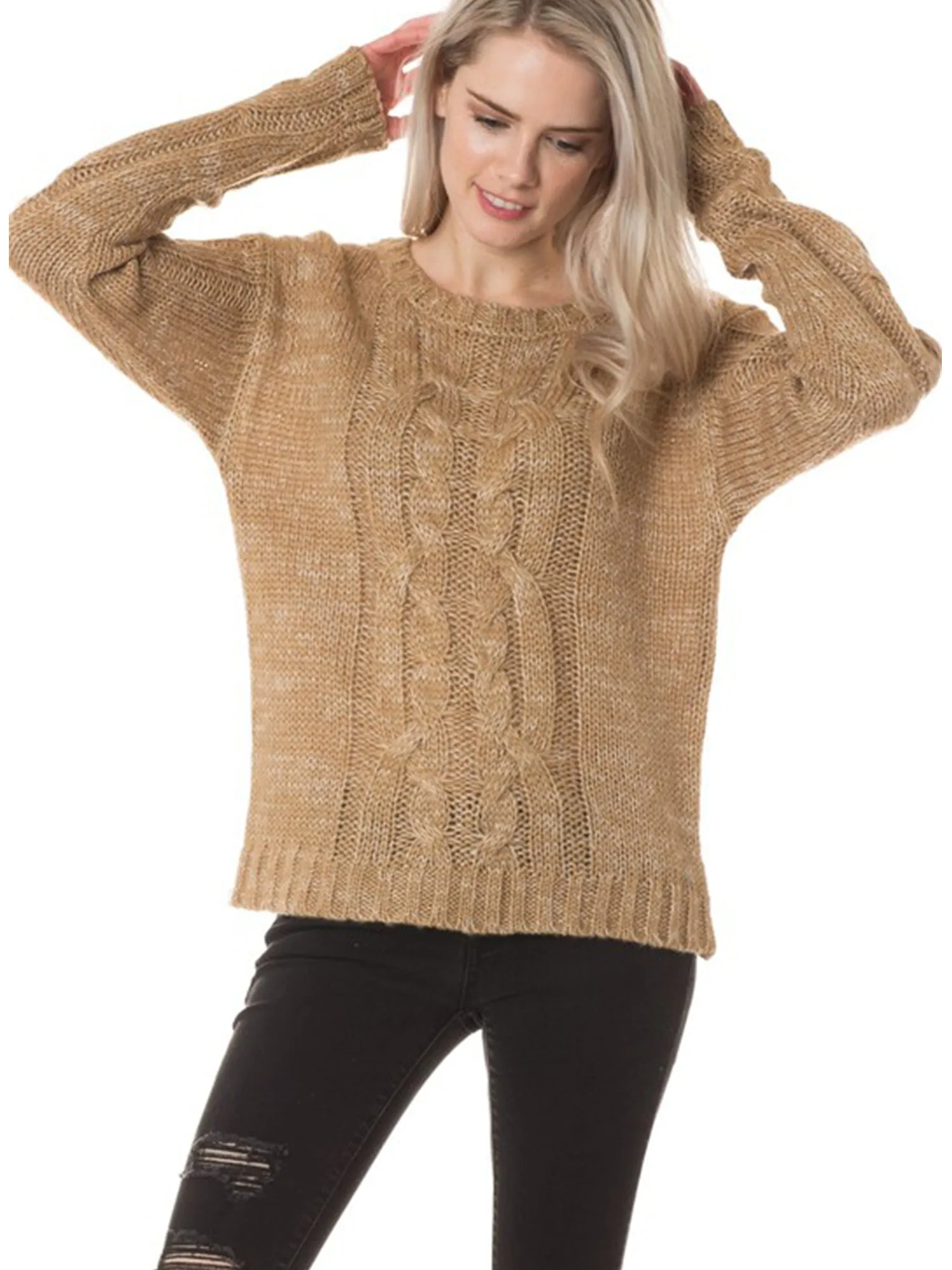 KOGMO Womens Basic Round Neck Cable Knit Sweater