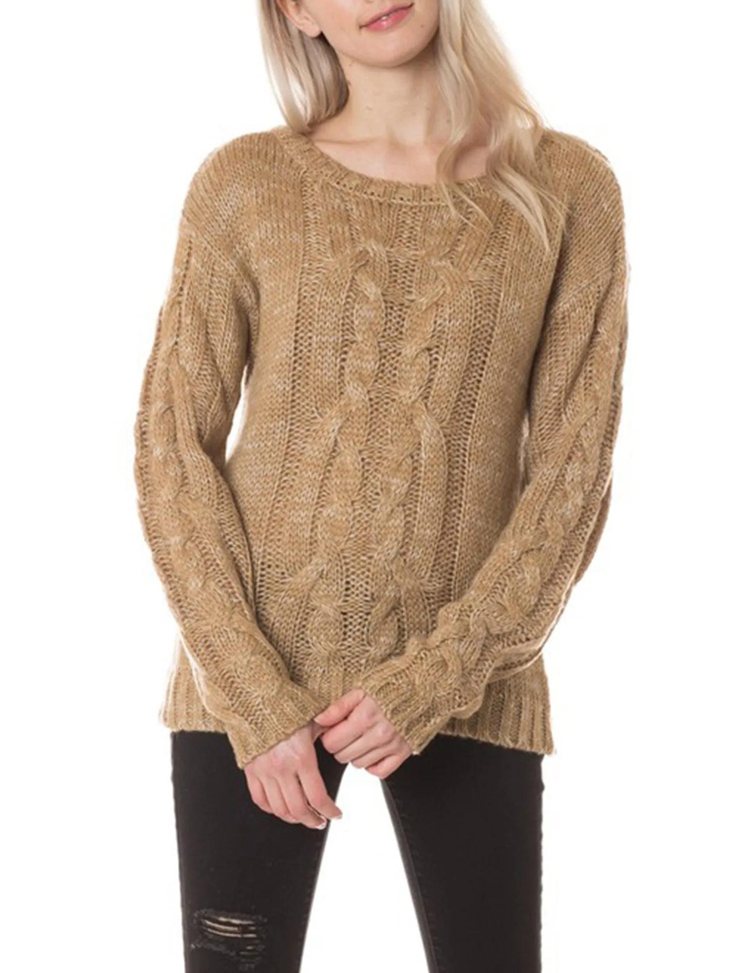 KOGMO Womens Basic Round Neck Cable Knit Sweater