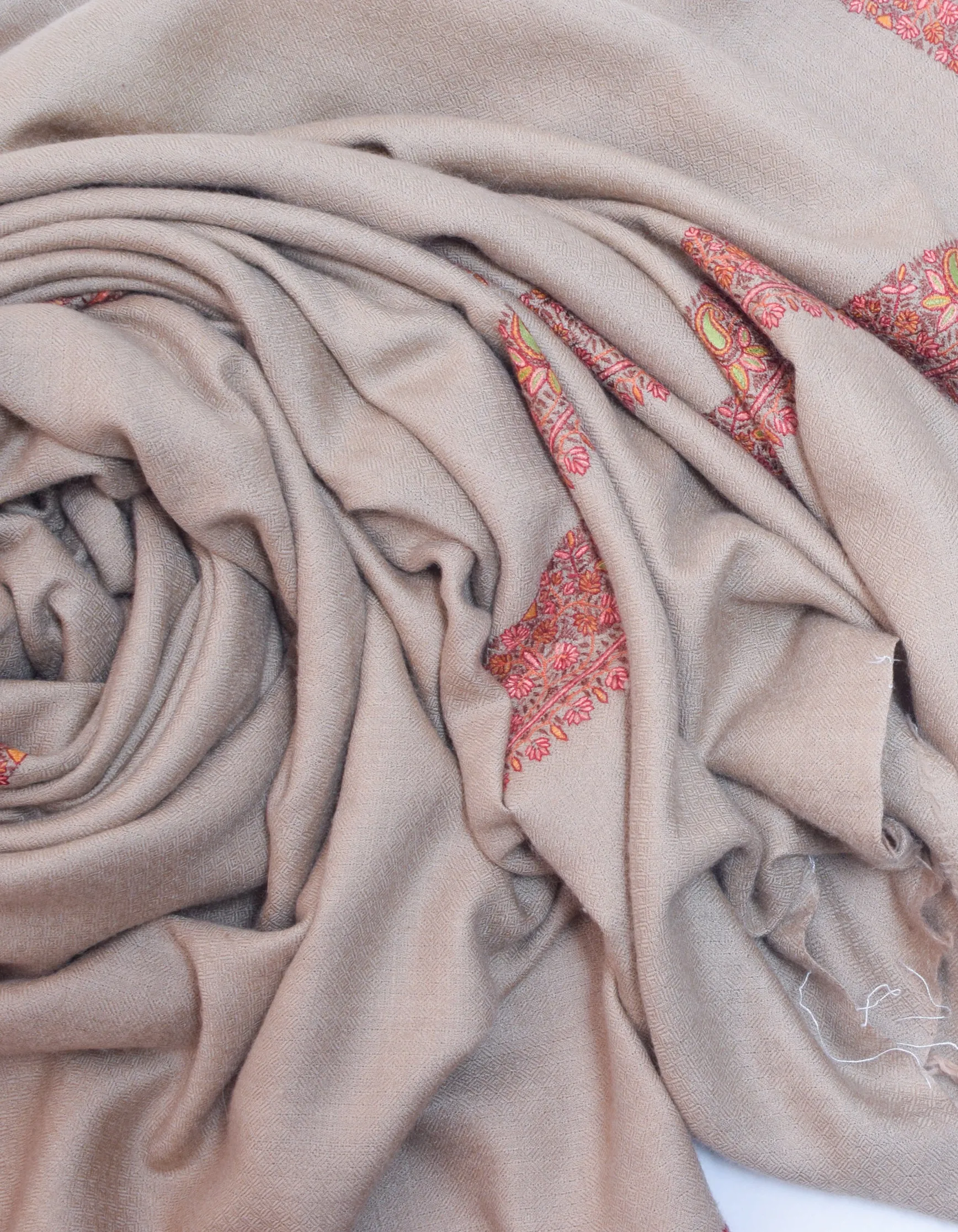 Light Sand Brown Handwoven Sozni Border Embroidered Cashmere Pashmina Shawl