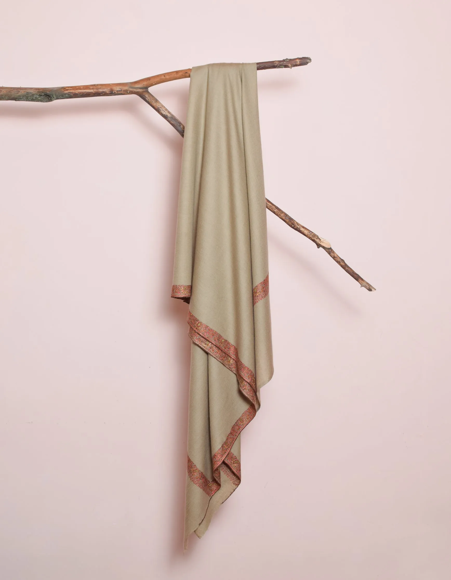 Light Sand Brown Handwoven Sozni Border Embroidered Cashmere Pashmina Shawl