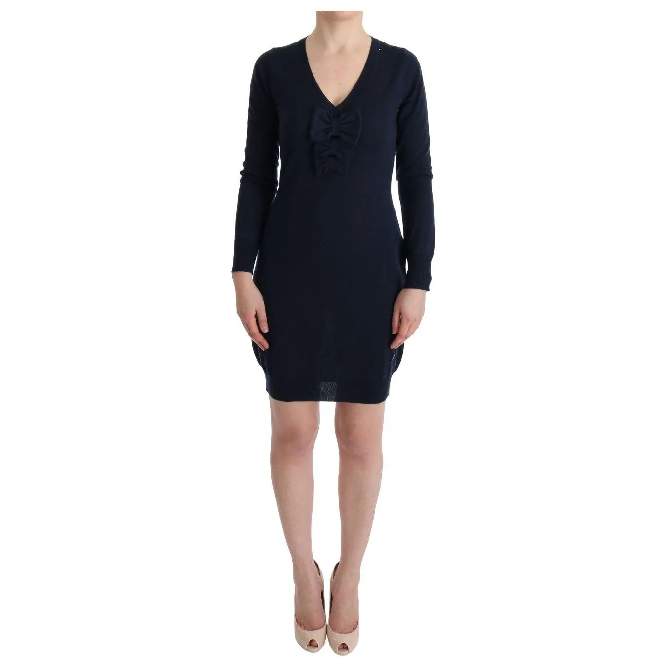 MARGHI LO' Elegant Over Knee Blue Wool Dress