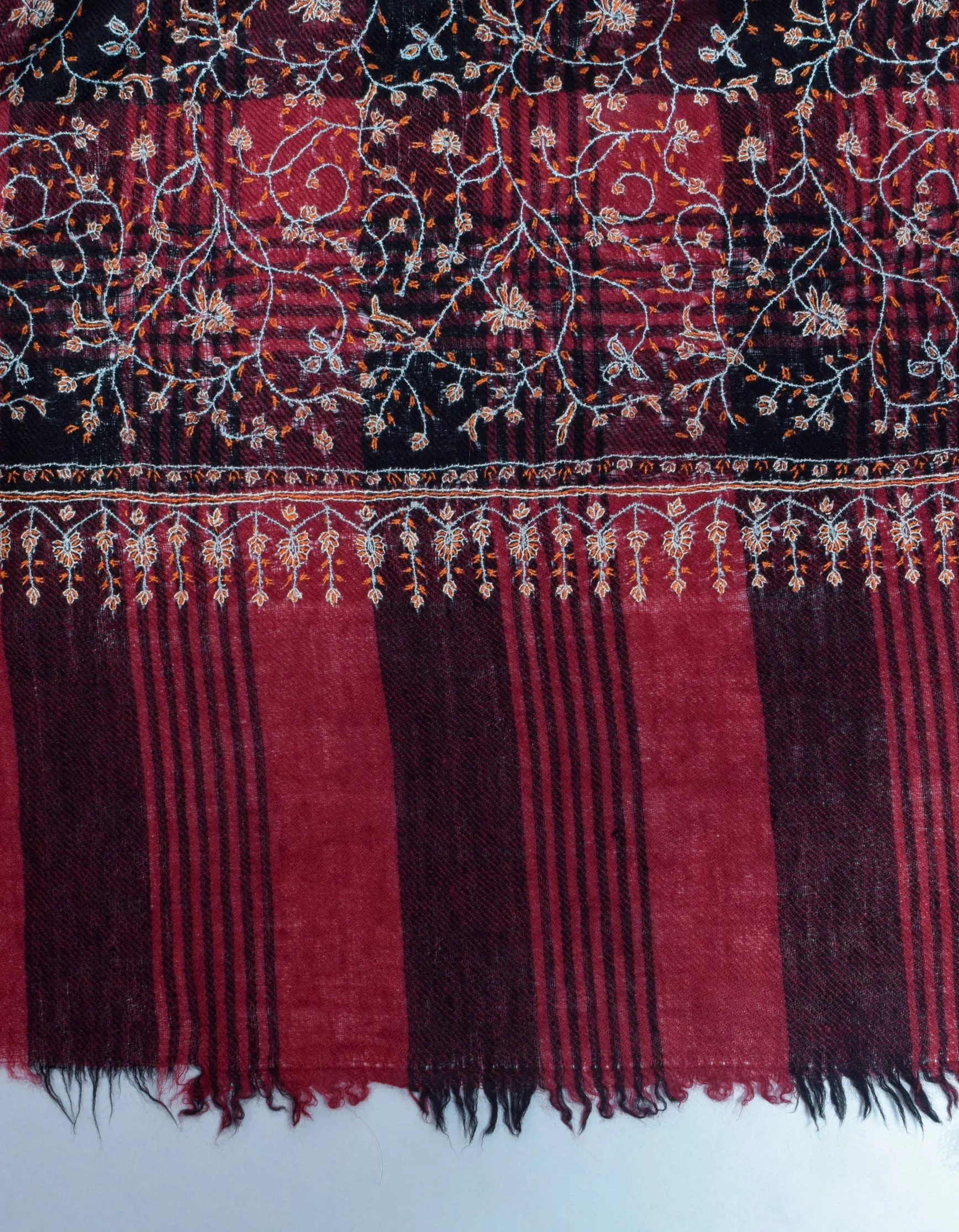 Maroon Black Check Handwoven Sozni Embroidered Cashmere Pashmina Shawl