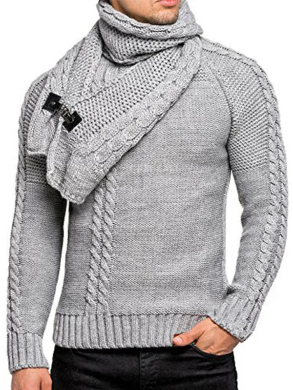 Men's fashionable scarf pullover solid color twist knitted sweater top