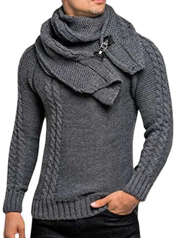 Men's fashionable scarf pullover solid color twist knitted sweater top