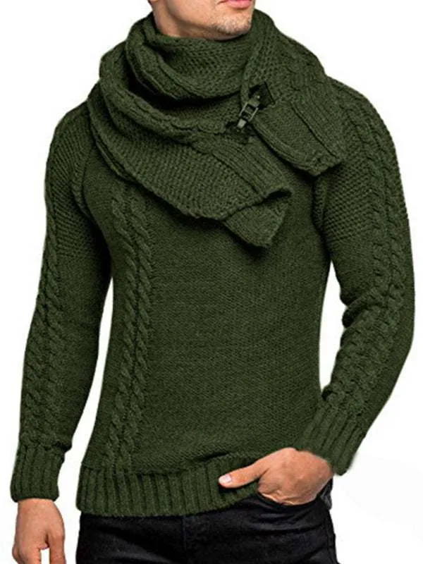 Men's fashionable scarf pullover solid color twist knitted sweater top