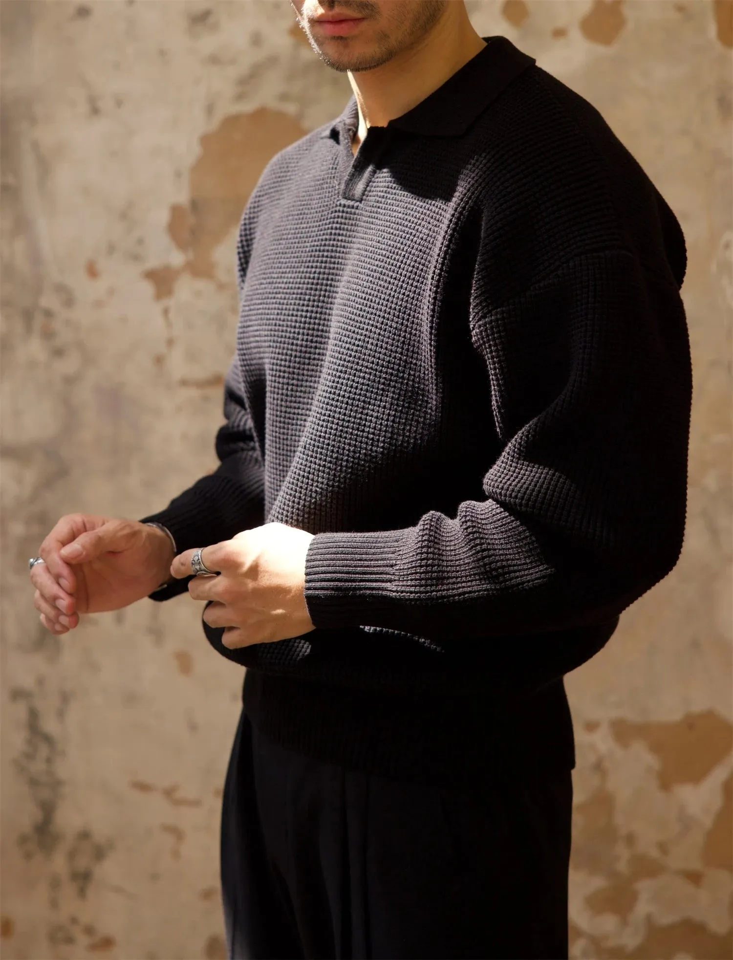 Men's Waffle Open Collar Sweater