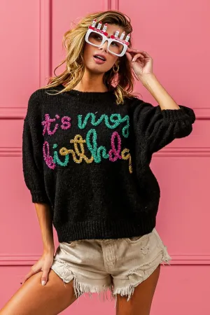 Metallic Letter Puff Sleeve Hairy Sweater