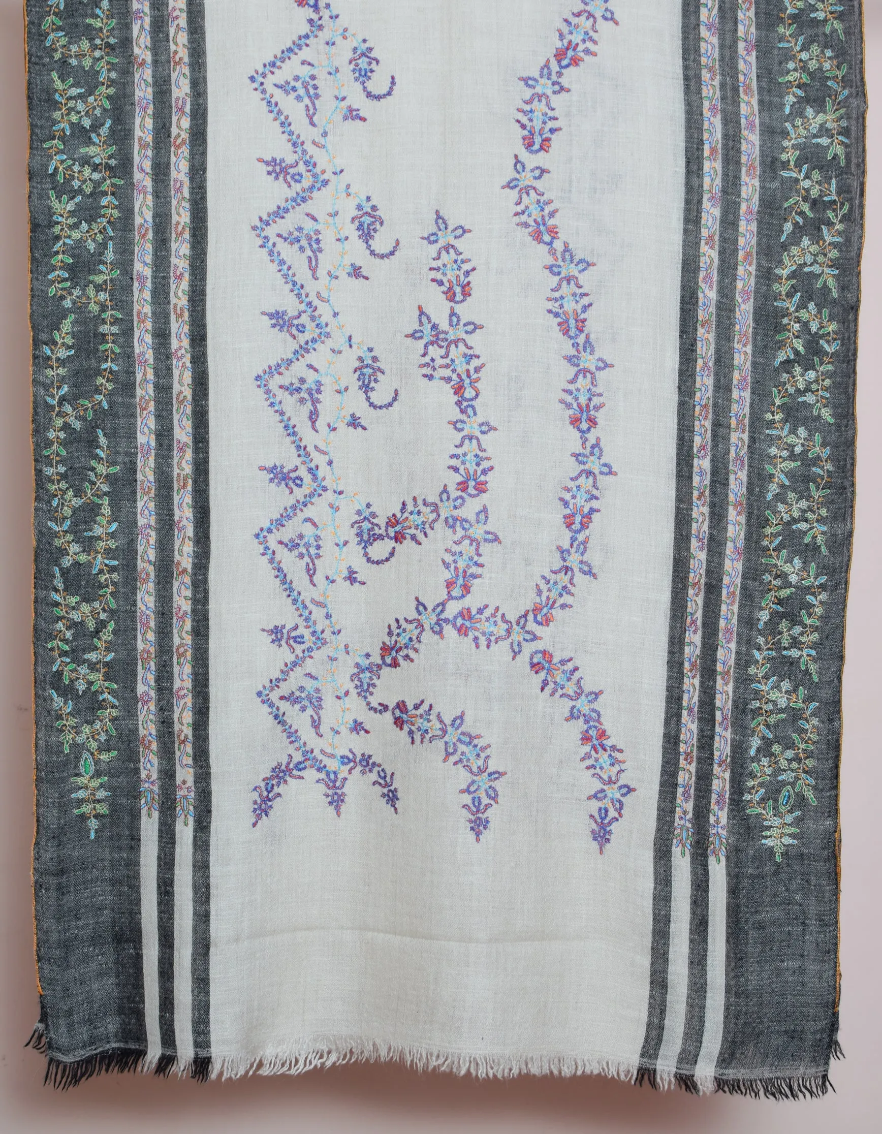 Modern Cream Multi-Pattern Handwoven Embroidered Cashmere Pashmina Stole