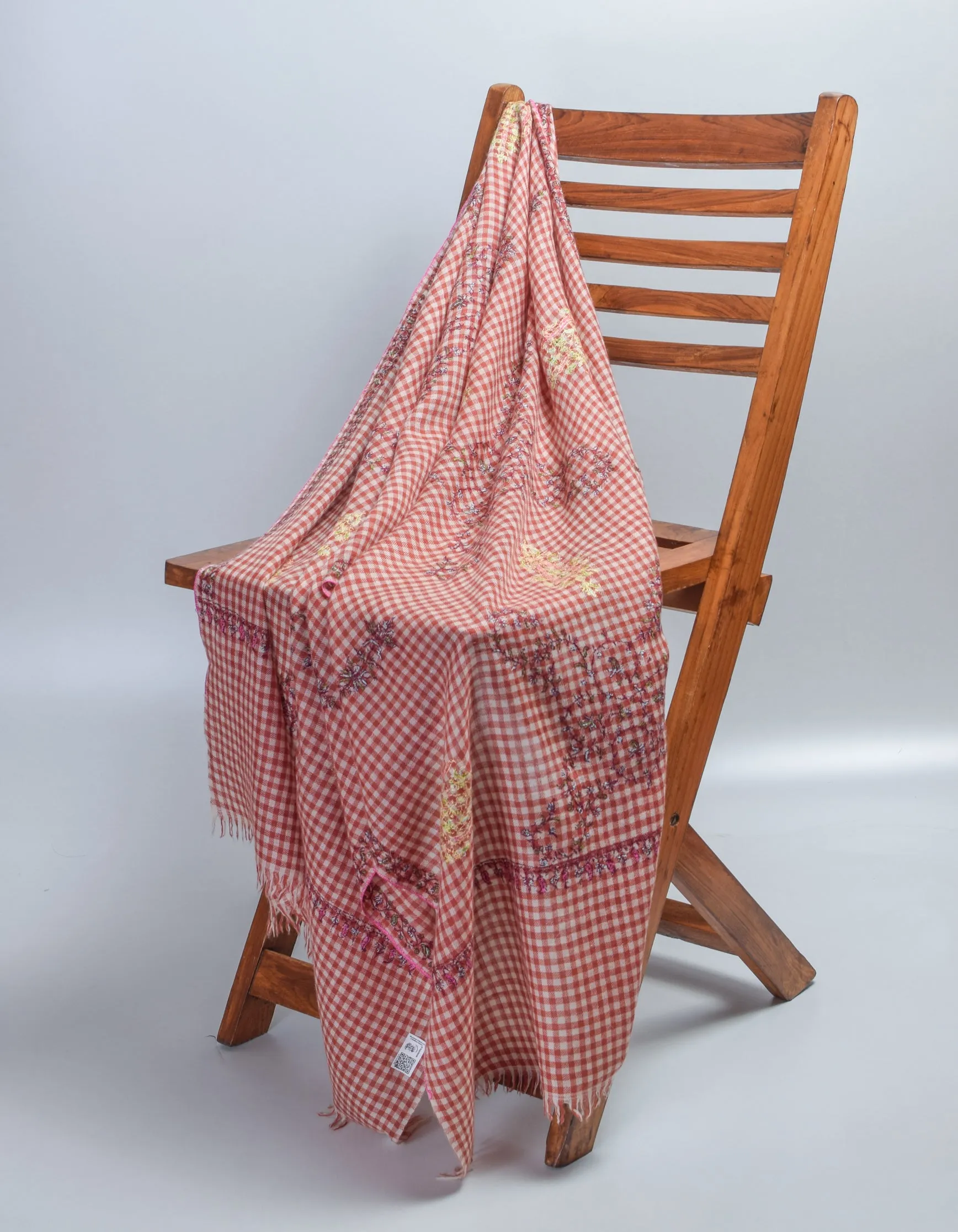 Modern Multi-Pattern Brick Cream Check Handwoven Embroidered Cashmere Pashmina Stole