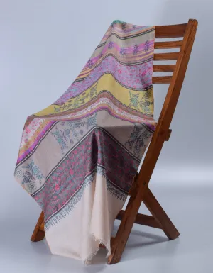 Modern Multicolour Stripes Handwoven Floral Sozni Embroidered Cashmere Pashmina Stole