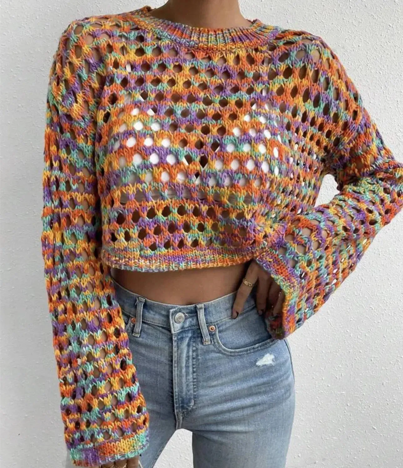 Multicolour Crochet Cropped Sweater