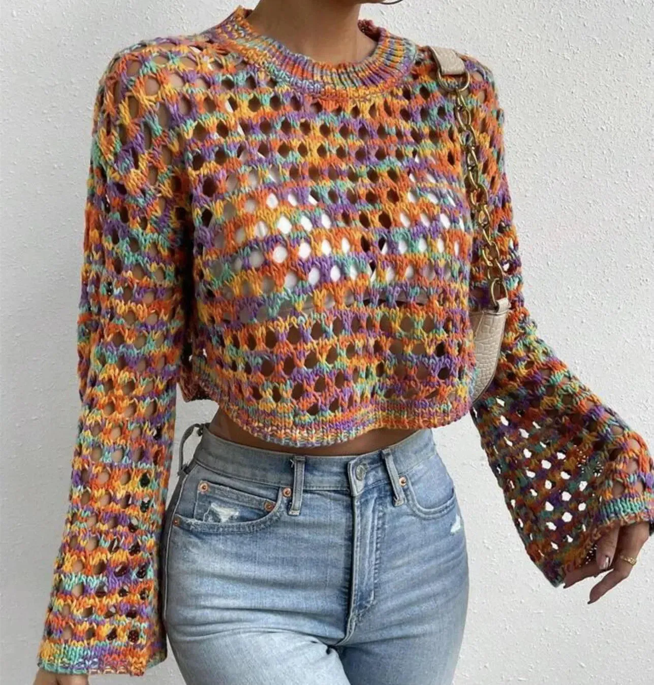 Multicolour Crochet Cropped Sweater