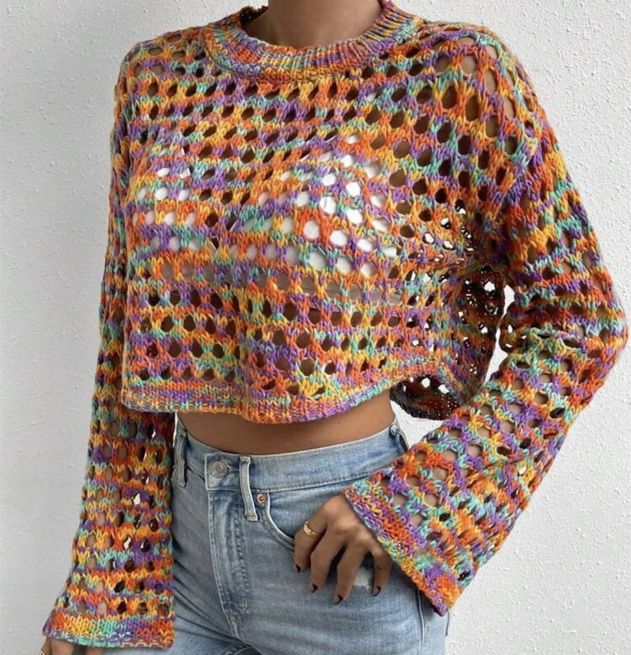 Multicolour Crochet Cropped Sweater