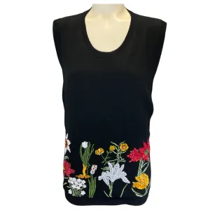 Oscar de la Renta Black Multi Fall 2018 Floral Embroidered Sleeveless Wool Knit Sweater