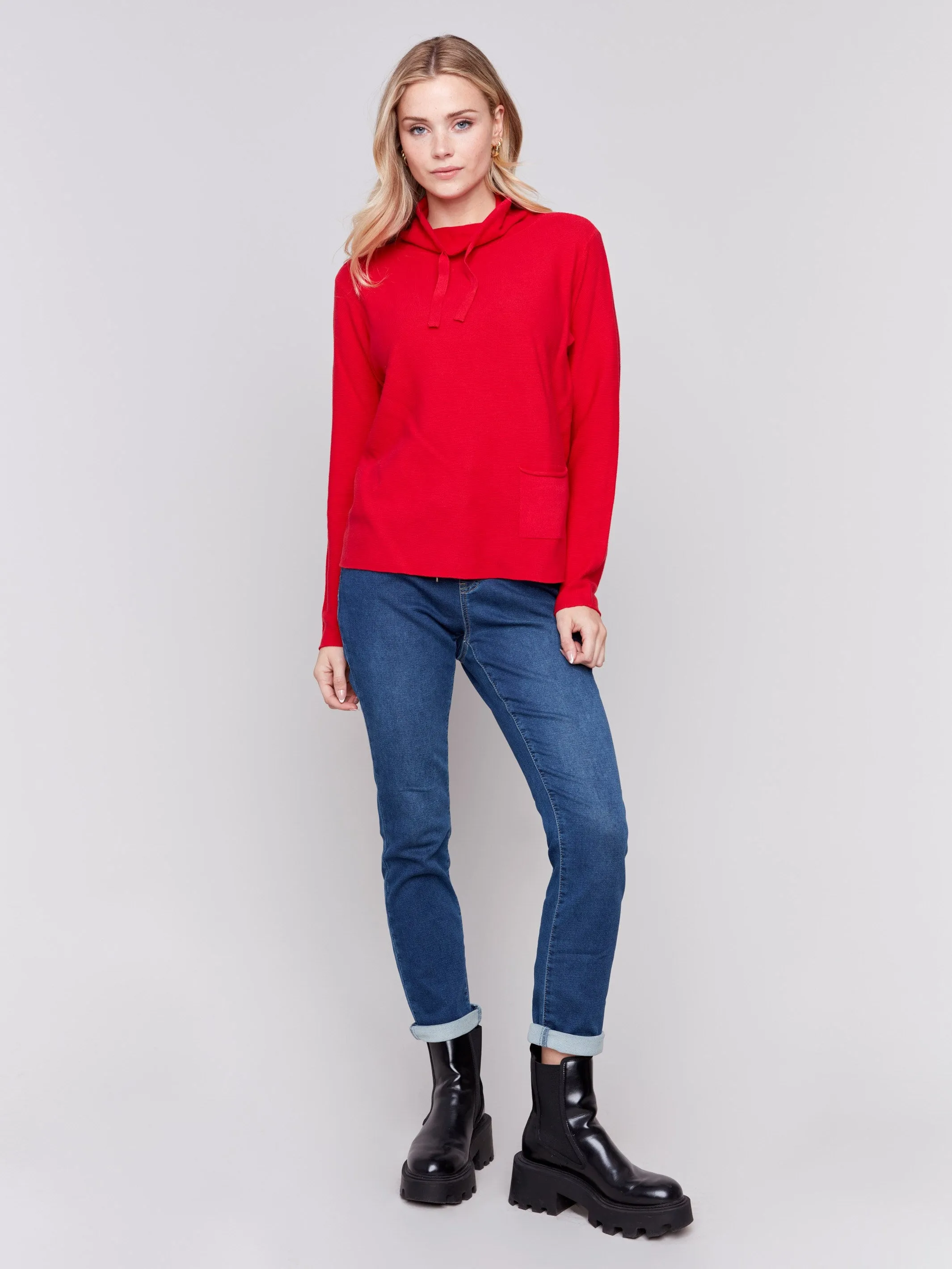 Ottoman Cotton Funnel Neck Sweater - Cranberry