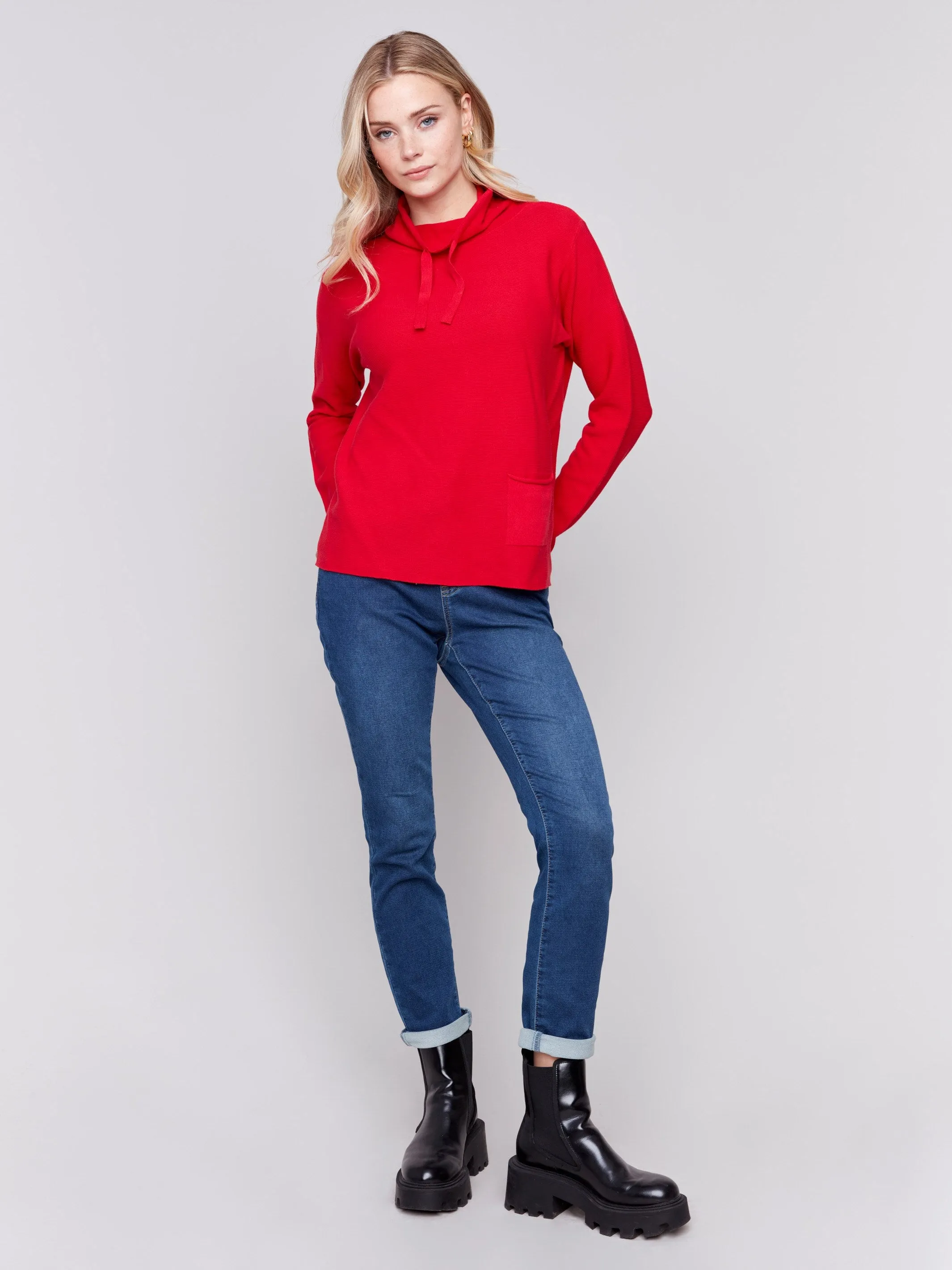 Ottoman Cotton Funnel Neck Sweater - Cranberry