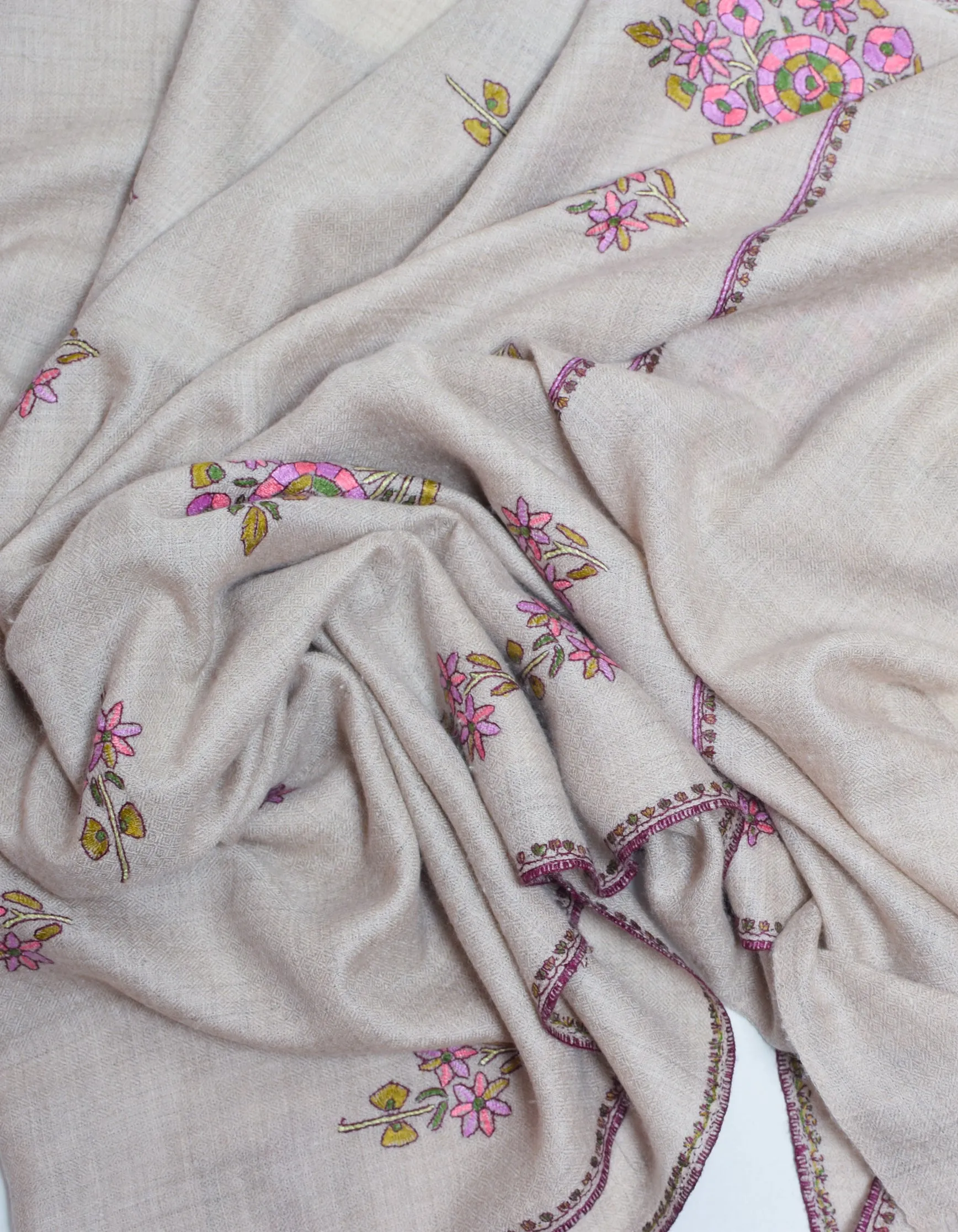 Pastel Grey Handwoven Floral Sozni Embroidered Cashmere Pashmina Stole