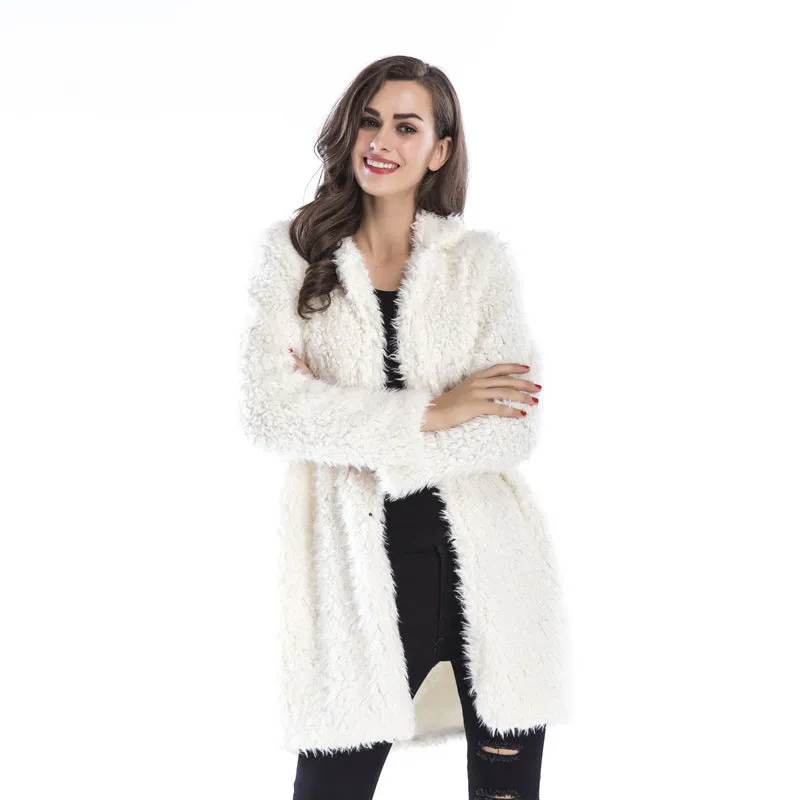 PEOPLETERRITORY New autumn and winter women's new fashionable and elegant lamb wool long-sleeved coat lapel fluffy medium and long coat