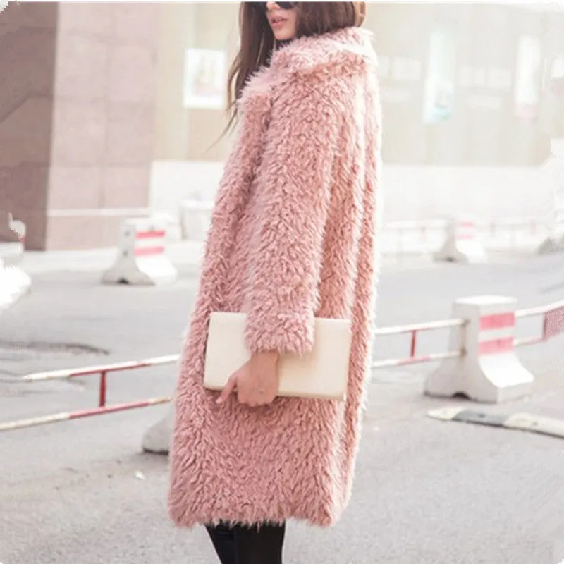 PEOPLETERRITORY New autumn and winter women's new fashionable and elegant lamb wool long-sleeved coat lapel fluffy medium and long coat