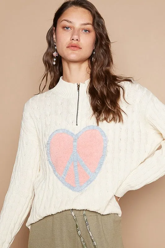 POL Cable-Knit Ivory Sweater Peace Patch Half Zip Mock Neck Long Sleeve