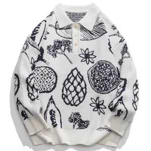 PopFlying Polo Collared Sweater Plant Printing