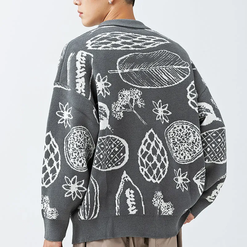 PopFlying Polo Collared Sweater Plant Printing