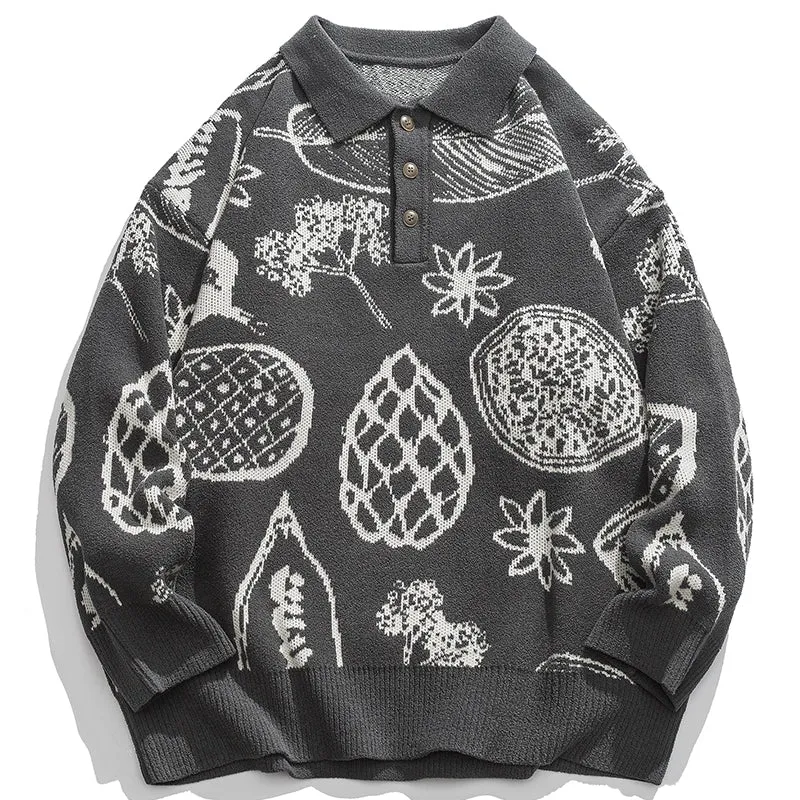 PopFlying Polo Collared Sweater Plant Printing