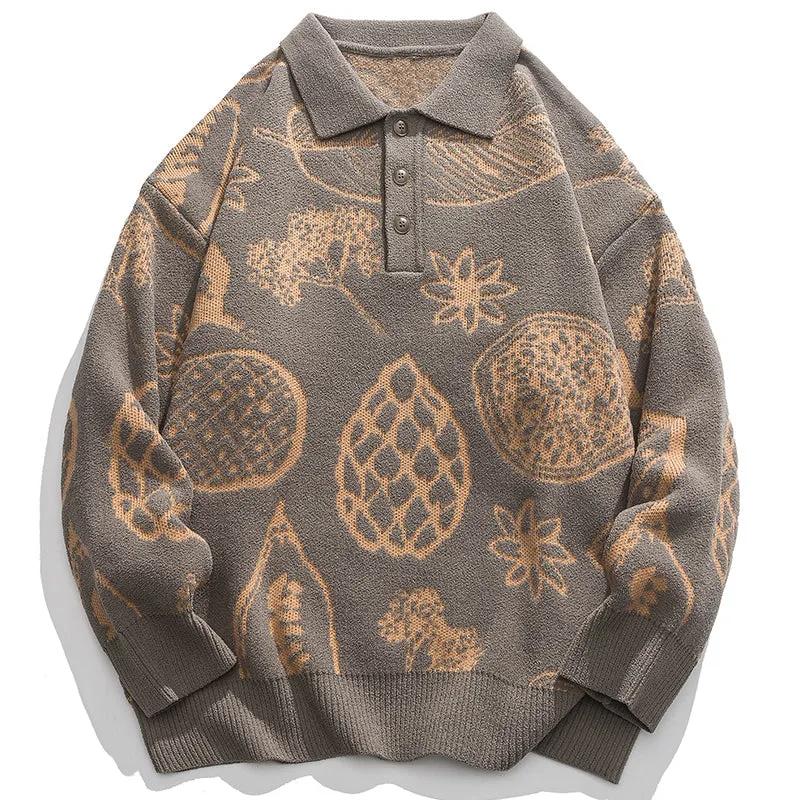 PopFlying Polo Collared Sweater Plant Printing