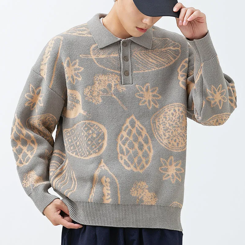 PopFlying Polo Collared Sweater Plant Printing