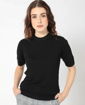 Rareism Women Rohrdo Black Viscose Fabric Half Sleeves Regular Fit Solid Round Neck Sweater