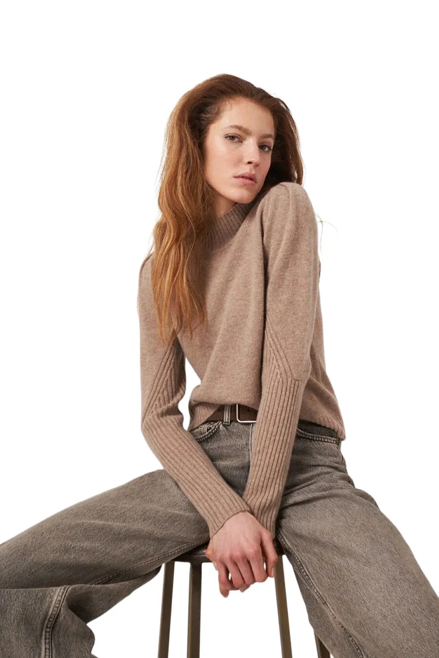 Repeat Cashmere Mock Neck Sweater with Shoulder Detail in Taupe