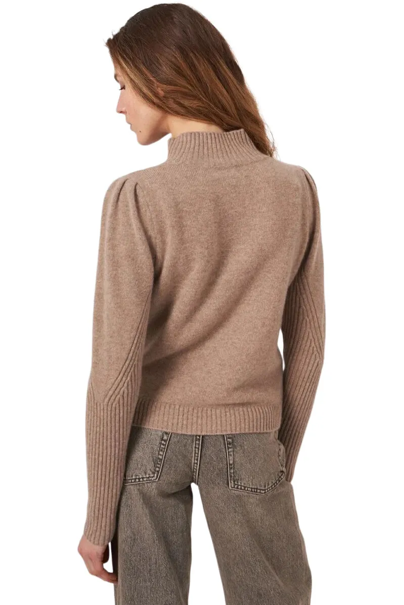 Repeat Cashmere Mock Neck Sweater with Shoulder Detail in Taupe