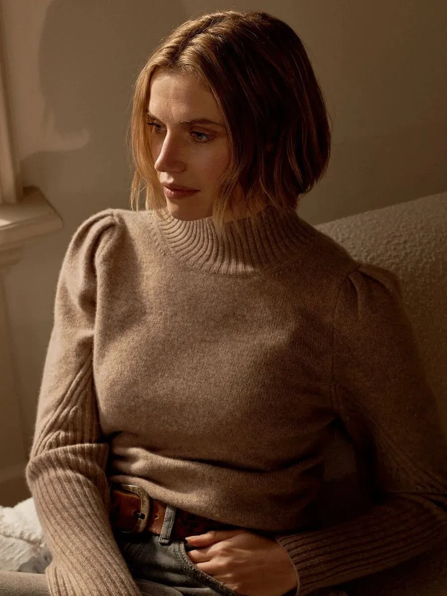 Repeat Cashmere Mock Neck Sweater with Shoulder Detail in Taupe