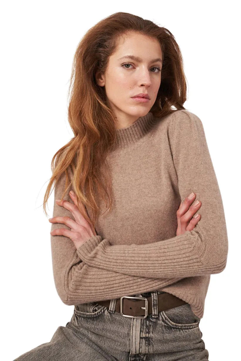 Repeat Cashmere Mock Neck Sweater with Shoulder Detail in Taupe