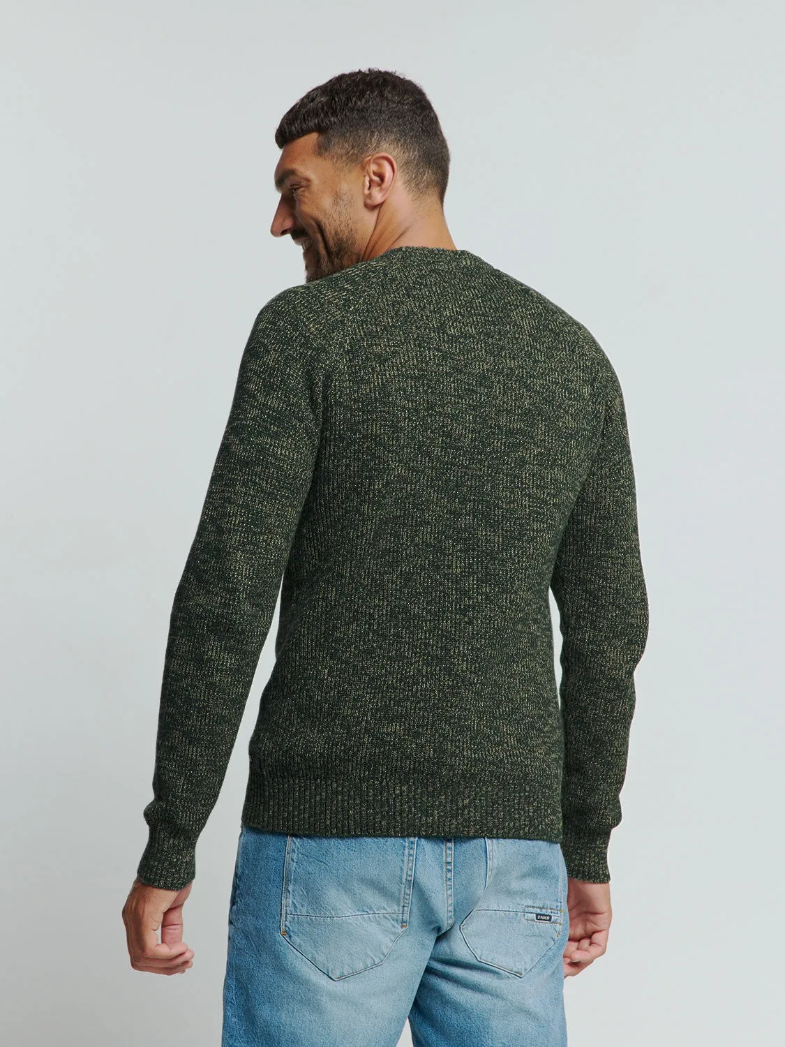 Round Neck Sweater with Tri-Color Rib Pattern: Stylish Comfort with a Colorful Twist | Dark Green