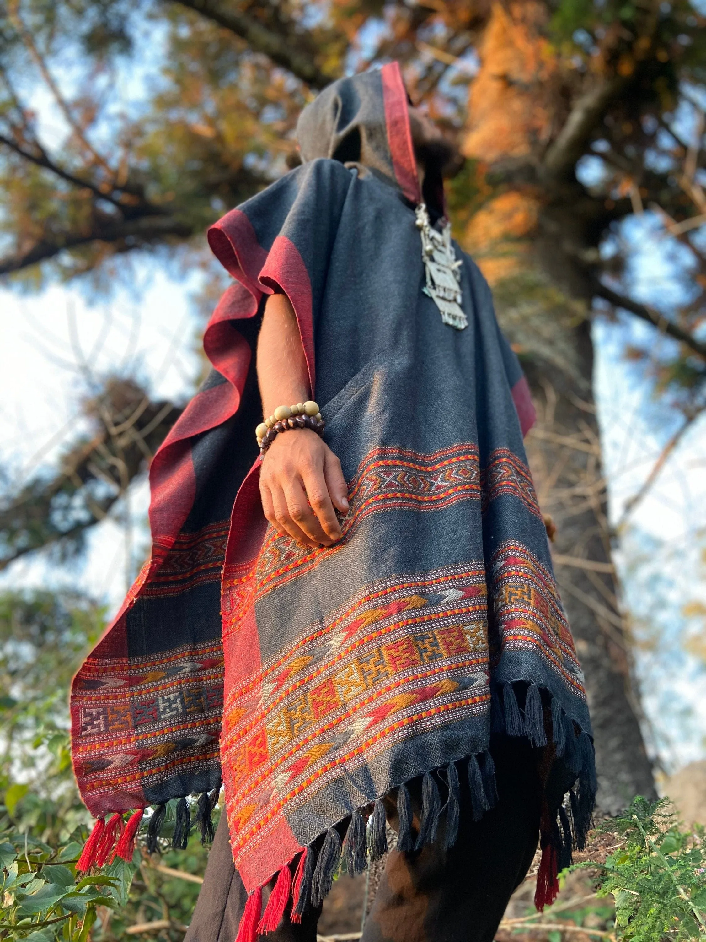 SAMADHI Long Poncho Mens Hooded Dark Grey Cashmere and Acrylic Wool Blend Tribal Embroidery Large Hood Pockets Hippie Boho festival AJJAYA