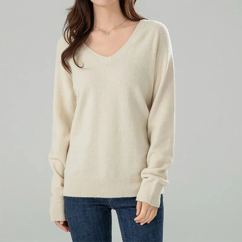 Solid Cozy V-neck Black Casual Long Sleeve Comfortable Knitted Stylish Autumn Sweater